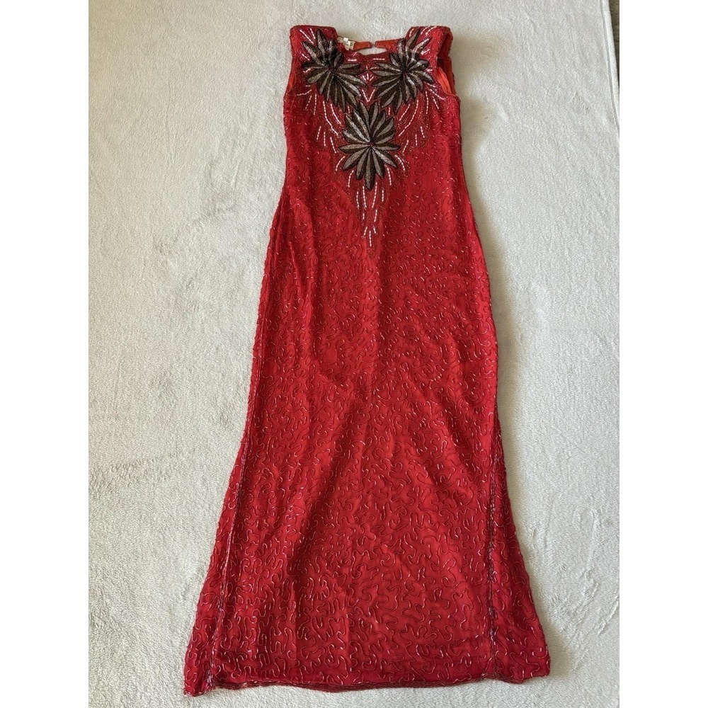 Vintage Xoanon Red Silk Beaded Maxi Dress Sleeveless Formal Gown Large
